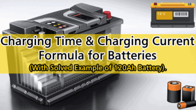 Battery Charging Current and Battery Charging Time formula with 120Ah battery solved examples